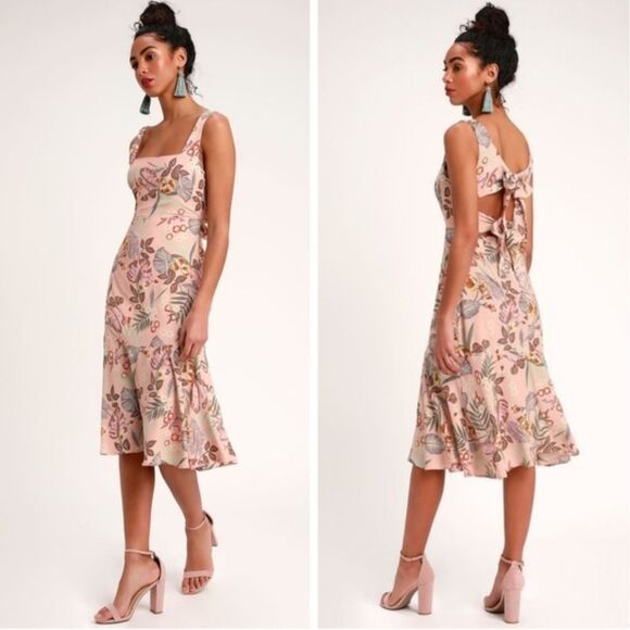 Lulus Island Sun Blush Pink Tropical Print Tie-Back Midi Dress - Small - Picture 2 of 8
